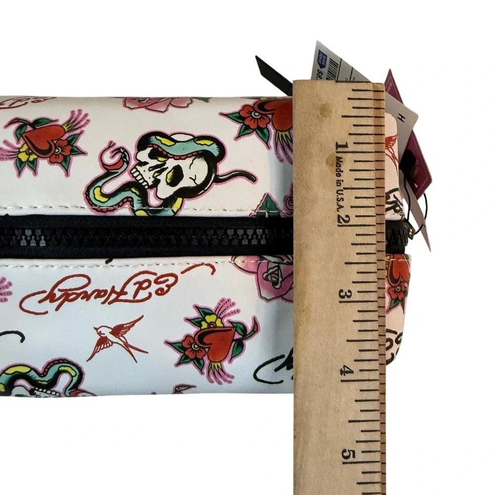 Ed Hardy Cosmetic Bag Womens White Tattoo Print‎ Skull Rose Y2K Travel Bag NWT